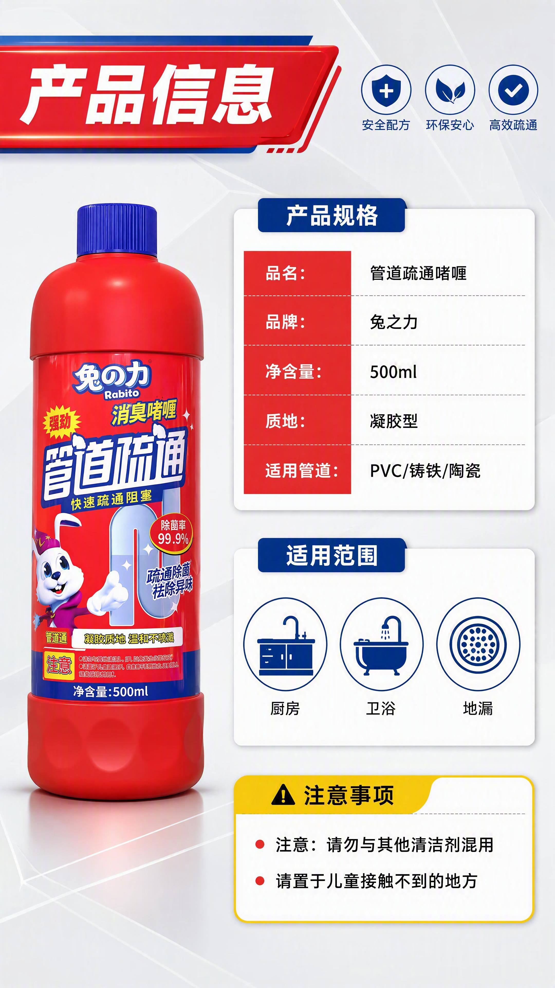[第4张] 详情页产品规格+信任背书页-兔之力管道疏通啫喱产品… - 图片创意预览