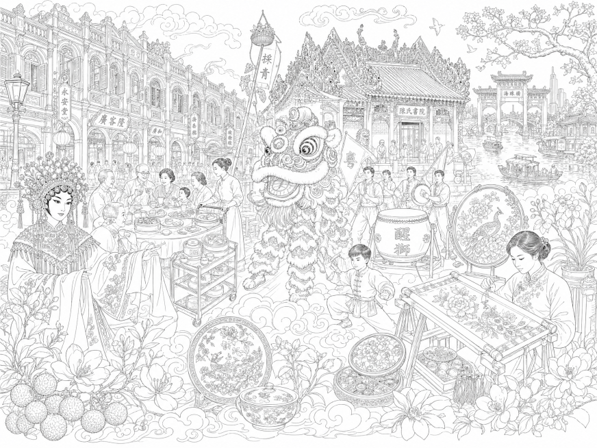 参考参考图的线稿风格，创作广府文化主题插画线稿，包含骑楼建筑、粤剧人物、早茶场景、醒狮表演、广绣刺绣等元素，整体为精致白描线稿风格，展现广府文化特色预览效果