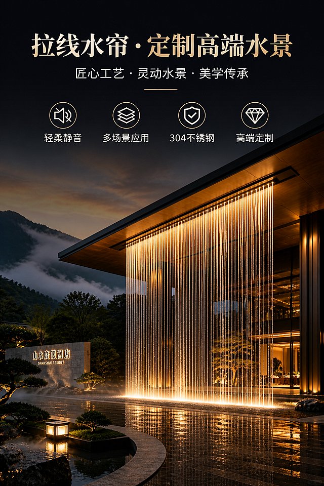 拉线水帘产品详情页，品牌头图，简单文字：拉线水帘·定制高端水景，副标题：匠心工艺·灵动水景·美学传承，四个核心优势图标加文字：轻柔静音，多场景应用，304不锈钢，高端定制，整体高端大气，竖版构图，文字排版简洁清晰
