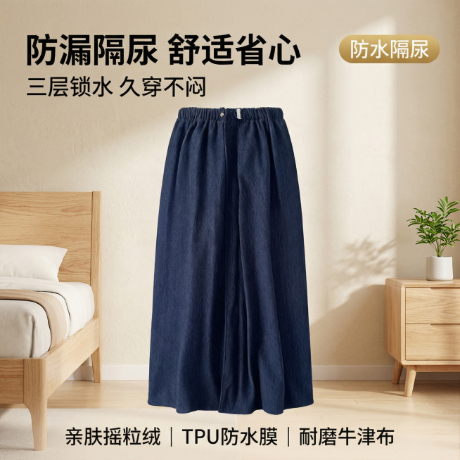 基于垫图生成藏青色老年人防漏隔尿裙电商首图，风格简约干净家居风，明亮自然光，整洁舒适感。藏青色隔尿裙居中展示，主体占比60%，背景为明亮整洁的老年人家居卧室，浅米色墙面搭配原木色家具，角落摆放绿植点缀预览效果