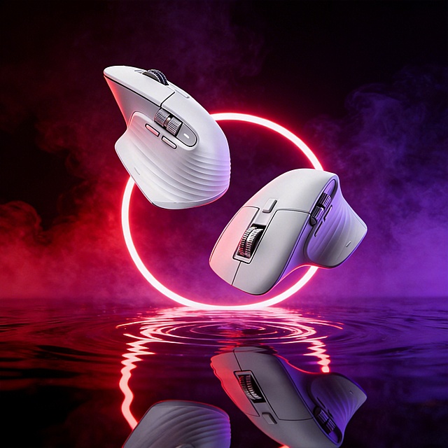 主体为鼠标，场景设定在带有红紫渐变烟雾的深色背景下，鼠标悬浮在水面上方，水面有清晰倒影，中间有发光霓虹圆环；风格为赛博朋克科技风，未来感十足；色调以深邃红紫为主，明暗对比强烈；构图为平视偏仰视角度，双鼠标呈对角分布，视觉中心突出；细节上鼠标的纹理、灯光的通透感、水面的波纹质感都精细刻画，整体营造出酷炫的电竞科技氛围