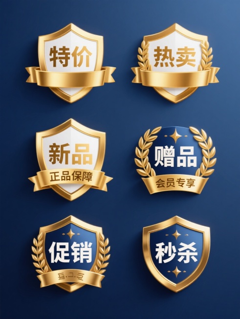 一组8个不同促销主题的金色徽章图标，保持原图的金属质感、立体光影效果和华丽装饰风格，每个徽章为圆形或盾形轮廓，内部有白色背景和金色立体文字，搭配金色丝带、月桂叶等装饰元素，文字内容分别为“特价”“热卖”“新品”“赠品”“正品保障”“会员专享”“促销”“秒杀”，所有徽章在纯色背景上呈规整的2行4列排布，整体色彩变换为深蓝色调，金色元素变为深蓝色金属质感，文字为白色，保持原有的高端大气促销氛围。预览效果