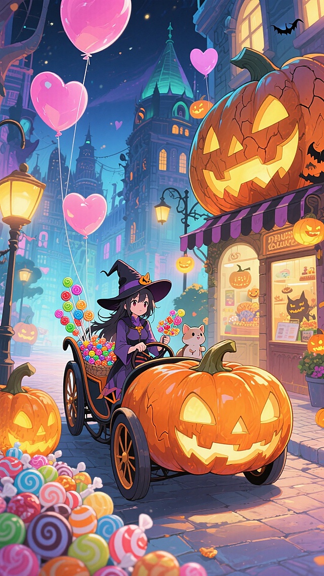 小女孩坐着南瓜车去要糖果