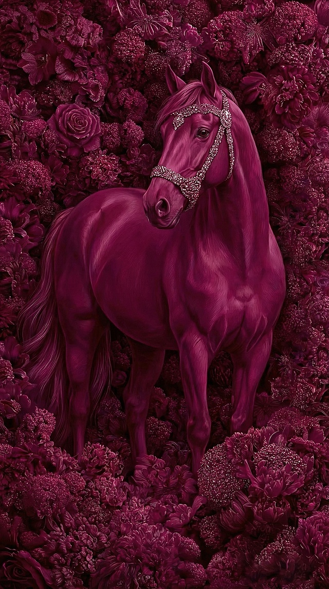 生成10张，不同的马匹的姿态，马匹要呈现出整体，被花团锦簌，