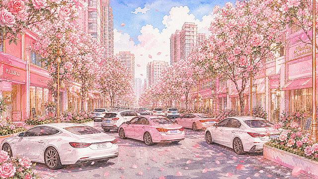 参考原图的水彩手绘风格、粉蓝同色系、粉色玫瑰花树、现代粉色商业街道、飘落花瓣的整体氛围，生成横向视角的街道画面，街道上的汽车都是乱摆乱放的状态，车辆随意停放，横七竖八，有的停在路边，有的停在马路中间，杂乱无序，保持水彩质感和粉粉色系统一，横向构图，街道两侧是粉色商铺和高楼，盛开的粉色玫瑰花树，花瓣飘落，梦幻清新的水彩风格