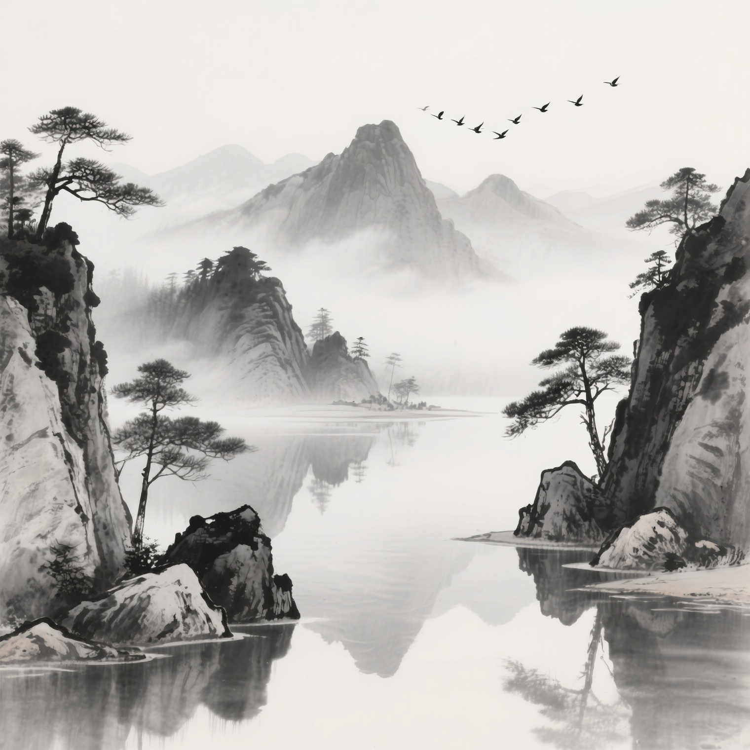 中国水墨画风格，黑白灰三色渲染，写意笔触，意境悠远宁静。画面以… - 图片创意预览