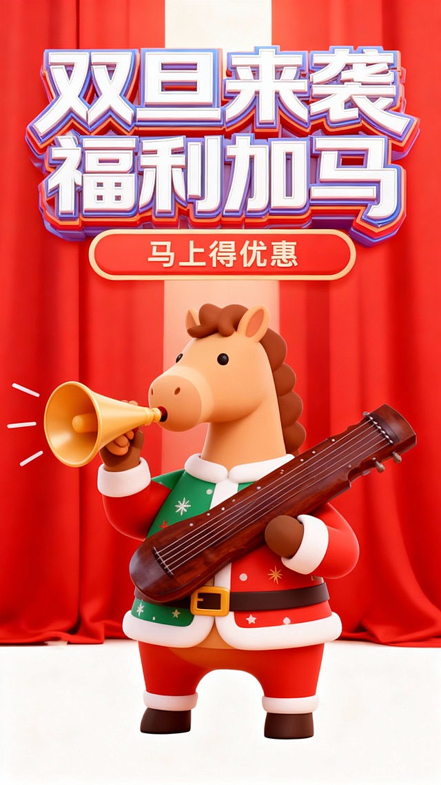 软3D风格拟人马，身着圣诞服饰吹号弹琴，喜庆卡通感十足，红幕背景强化节日氛围，促销文字立体醒目，传递双旦福利加码的欢乐优惠信息。