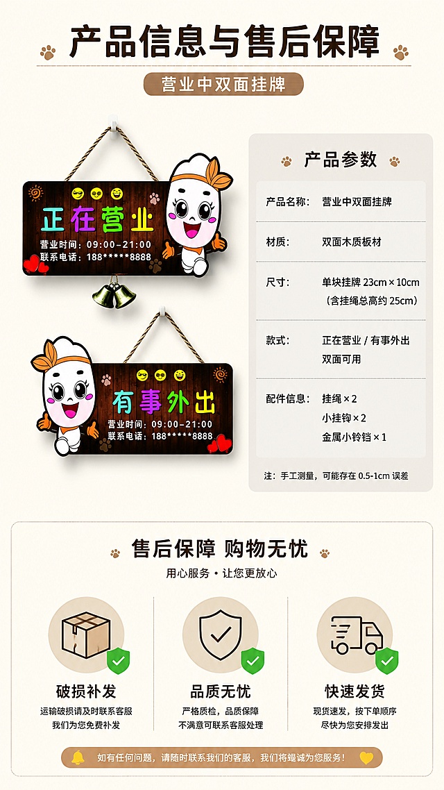 [第8屏] 规格参数与售后保障说明，营业中双面挂牌。本屏使用【图1】作为商品主体。
[氛围/风格] 规范信息卡风格，清晰直观，可信可靠。
[元素布局] 左上放置产品完整图，占比约35%，右侧为规格参数信息卡，底部为售后保障说明；参数包含：产品名称、材质、尺寸、款式、配件信息，售后说明清晰可信。保留产品原有外观和颜色。
[光影质感] 均匀布光，信息和产品都清晰明亮。
[配色色系] 全局底色 #F7F3EB，主色原木棕，辅助色浅灰信息卡，黑色文字，绿色对勾标注售后优势。
[视角构图] 左产品右信息的左右构图，底部补充售后，整体平衡稳定。
[文字版式] 顶部主标题「产品信息与售后保障」，参数列表清晰，售后保障用短句带图标：「破损补发」「品质无忧」「快速发货」，文字清晰可读，不遮挡产品。
[比例分辨率] 9:16 竖版比例，4K分辨率，文字清晰可辨，高清画质。
[负向提示词] 参数错误，文字模糊，产品变形，水印，平台Logo，虚假承诺