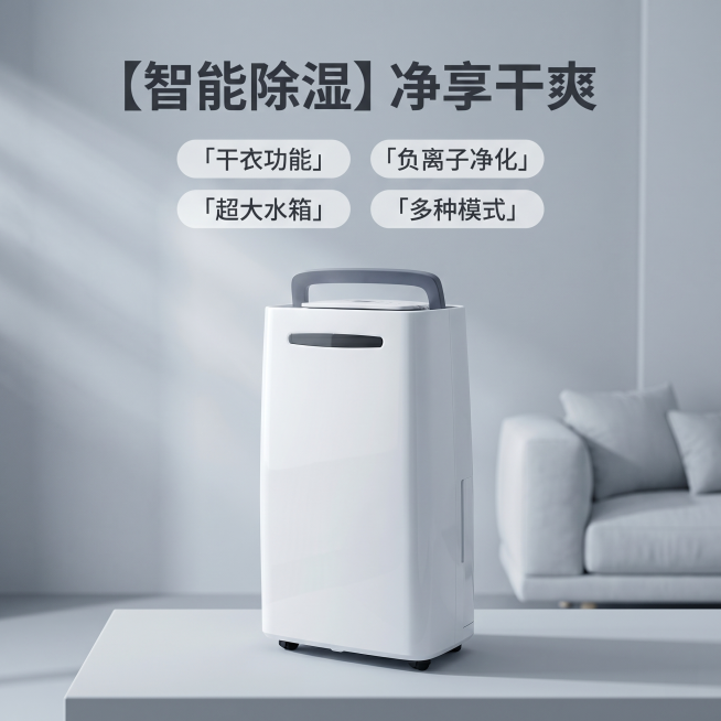[主图 1] 家用除湿机首图，展示除湿机产品整体外观。[氛围/风格] 现代简约科技风，干净高级商业家电质感，商业摄影质感，光线柔和通透，产品清晰真实，画面干净高级。[元素/光影] 白色除湿机产品居中放预览效果
