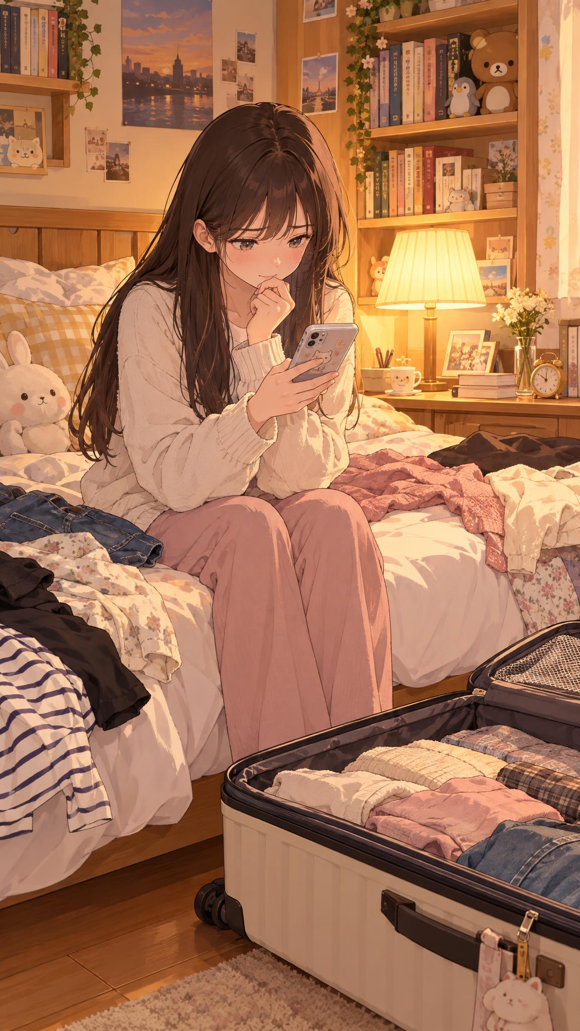 日式漫画风格，温馨卧室中，长发女生坐在床边收拾行李箱，衣服散落… - 图片创意预览