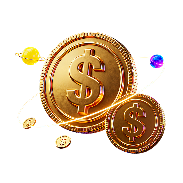 3D科技风渲染，高光泽金属质感搭配霓虹光效，主体是一大一小的金色符号硬币，硬币带有立体浮雕"$"标识，呈现暖金色金属光泽，暗金色的环绕光带缠绕硬币，周围漂浮黄色与蓝紫色星球状装饰和小型金币装饰，纯黑色背景，整体色调以黑金为主，打造科技感金融主题插图