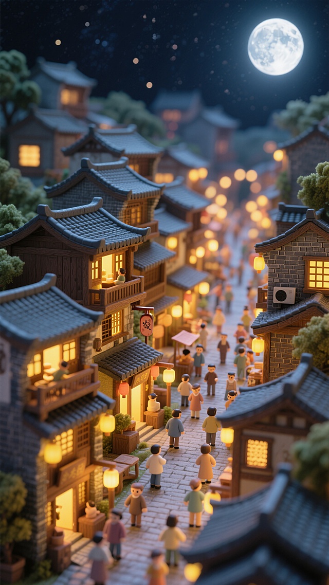 中式古典街景，3D微缩艺术风，梦幻灯笼映衬满月，营造中秋佳节温馨氛围。