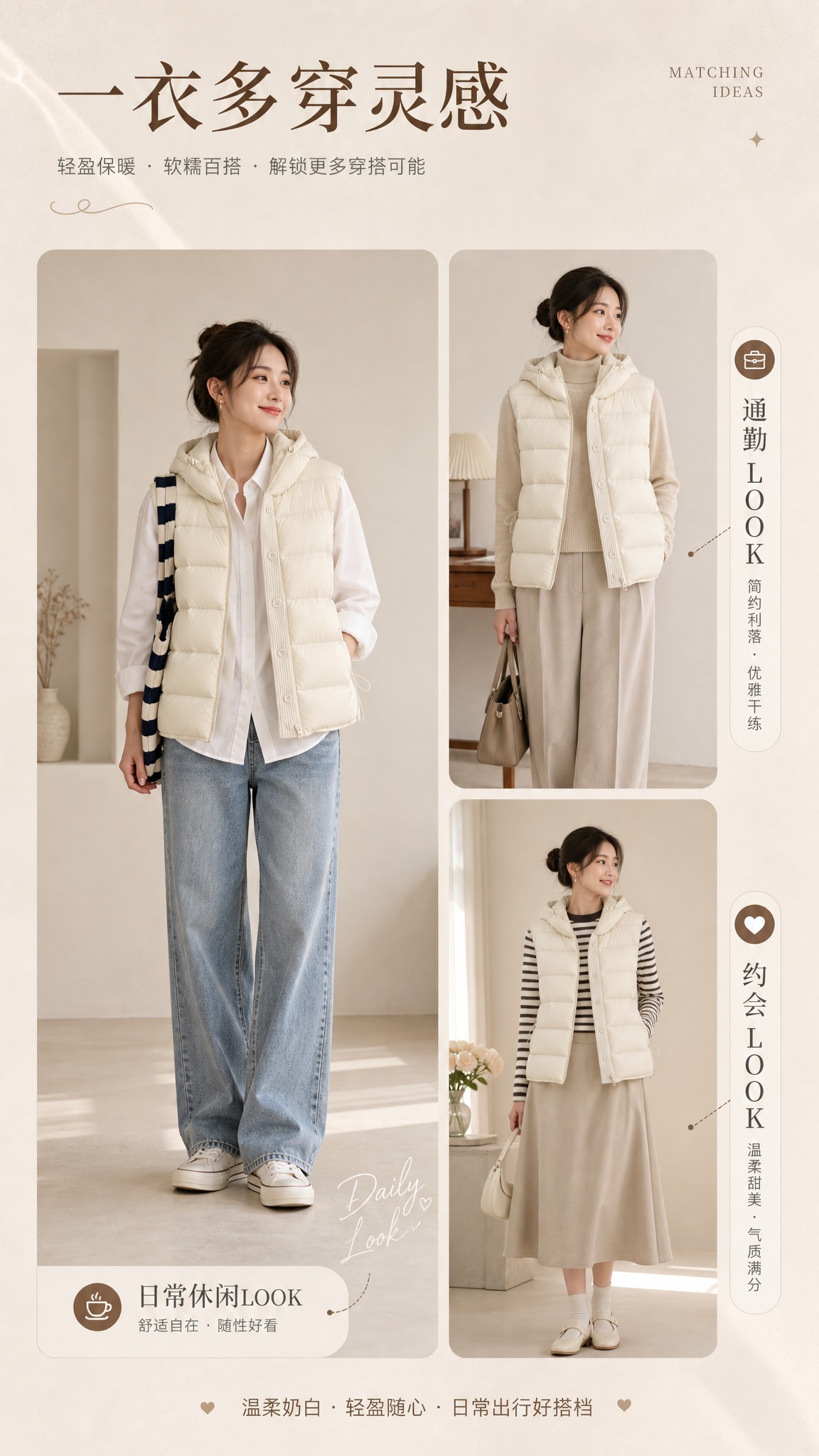 [商品] 使用【图1】奶白色连帽羽绒马甲；商品处理：保留连帽抽… - 图片创意预览