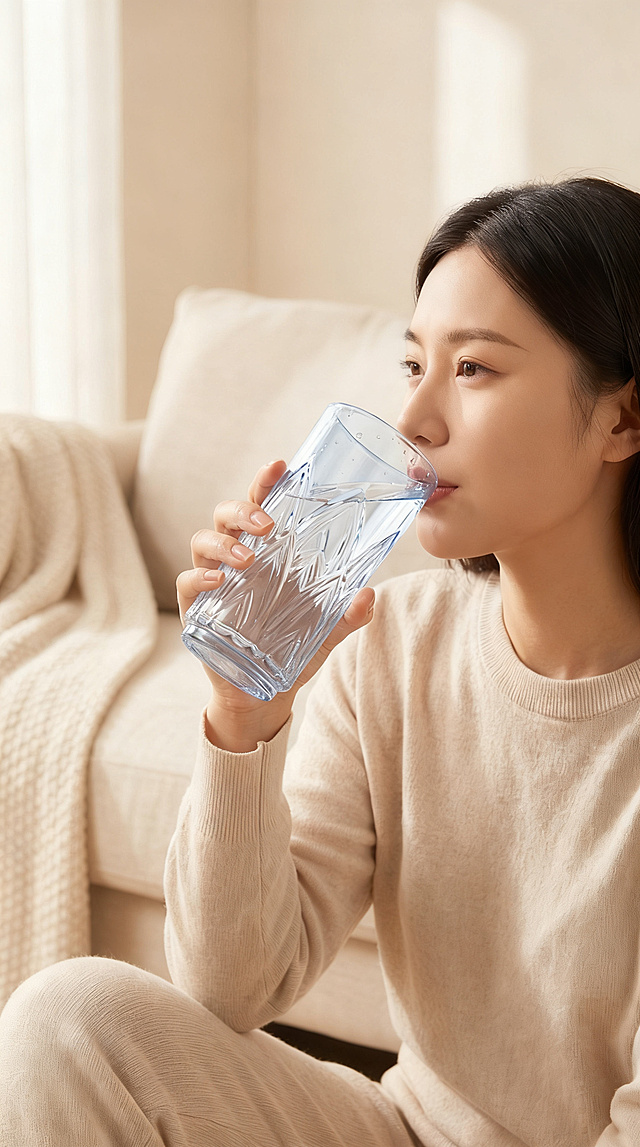 去除顶部文字'居家随手 清爽补水'，保留女性手持玻璃杯饮用的居家场景，不修改人物、沙发、光线与产品细节