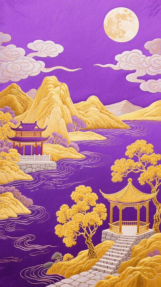 紫色背景中有圆月、云彩，下方有金色的山峦层层叠叠、蜿蜒的河流、中式楼阁与小亭、金黄树木、石阶小路，剪纸形式