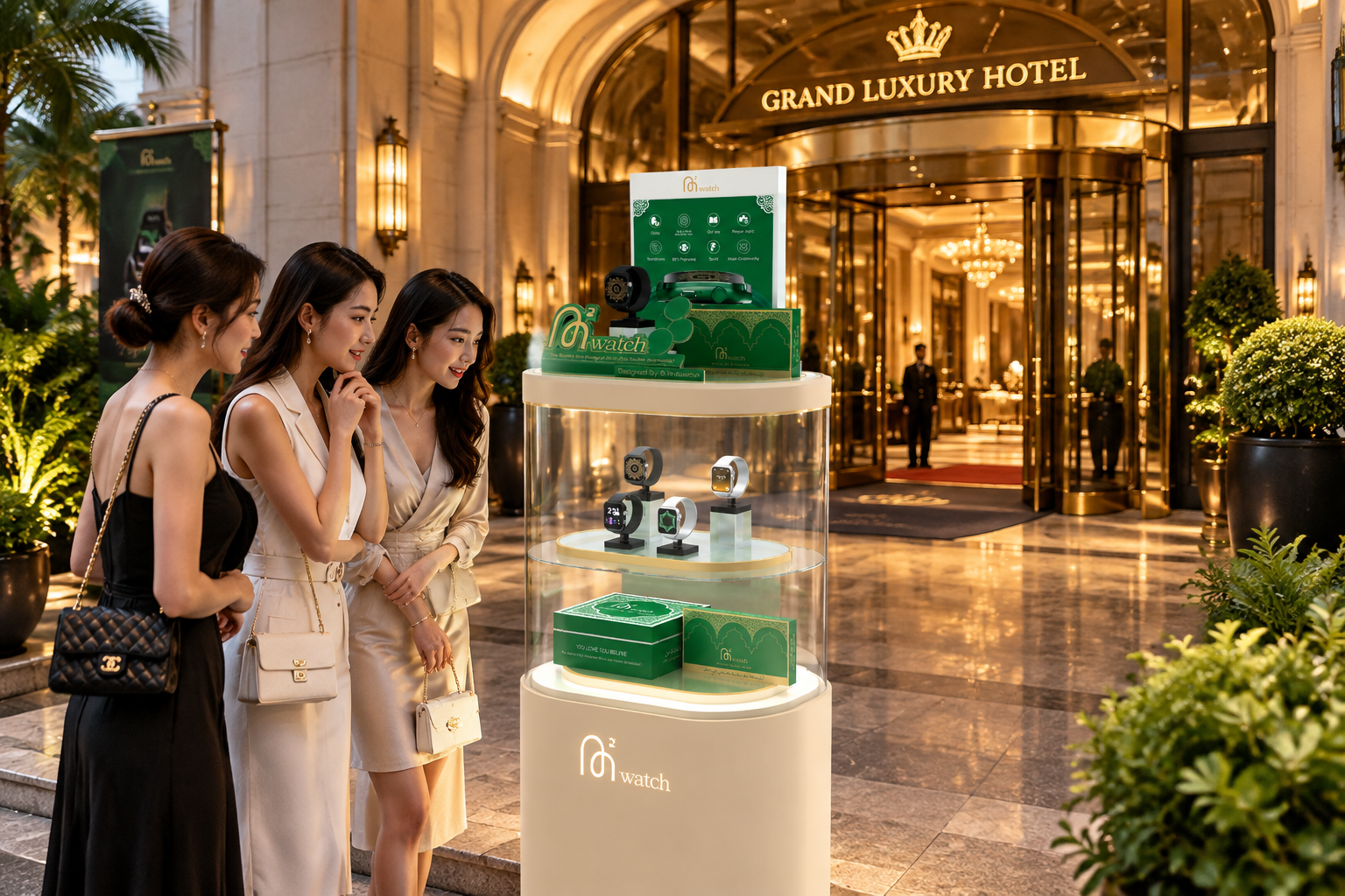 将图中的三层圆柱形透明玻璃智能手表展示装置放置在豪华酒店的入口… - 图片创意预览