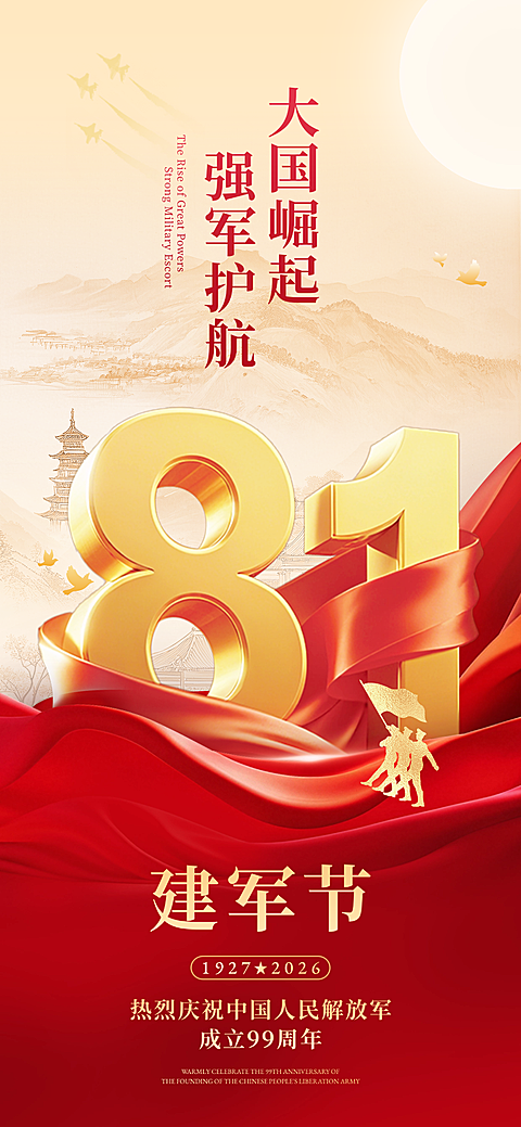 81立体字建军节节日祝福喜庆感政务感全屏竖版海报AIGC