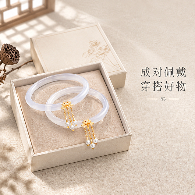 [主图-4] 一对手镯整体平铺搭配礼盒展示，呈现成对佩戴的穿搭价值与礼赠感。
[统一基调] 素雅国风视觉体系，低饱和莫兰迪色调，浅亚麻米白为主背景色，点缀浅木色与暖金色光影；标题使用纤细宋体国风字体，深墨灰色字色，副标题字号缩小60%，浅灰字色；整体留白构图，商业珠宝摄影质感，浅景深虚化背景。
[画面] 俯视平铺视角，一对手镯轻轻交叠放在画面中央偏左位置，手镯下方是打开的米白色首饰礼盒，盒内有浅米色绒布内衬，礼盒盖子半开靠在后方；手镯的莲花卡扣朝向斜前方，珍珠流苏自然垂落；礼盒旁侧有一小枝干枯莲蓬作为国风装饰点缀；背景为浅亚麻棉麻布料，左上角有淡淡的中式木格窗光影，延续整套风格；画面右侧和下方留白充足。
[光影质感] 顶部大面积柔光均匀布光，侧方辅助光勾勒手镯与礼盒轮廓；玉髓通透有光泽，金扣暖亮，珍珠温润，礼盒绒布有柔软质感；整体光线柔和自然，阴影浅淡，商业珠宝礼赠场景摄影质感。
[配色] 背景浅亚麻米白，礼盒米白+浅米色绒布，玉髓乳白，金扣暖金，珍珠莹白，莲蓬浅棕；文字深墨灰+浅灰；整体低饱和雅致礼赠配色。
[文字版式] 画面右侧中部，主标题"成对佩戴 穿搭好物"，纤细宋体中号字，深墨灰色；位于画面右侧负空间，不遮挡手镯与礼盒主体；文字周围留白充足。
[输出要求] 1:1正方形比例，2048*2048像素，手镯与礼盒清晰真实，整体氛围雅致有礼赠感，文字清晰可读；负向：手镯变形、礼盒廉价感、玉髓浑浊、文字错字模糊、背景杂乱、水印、平台Logo、产品悬浮。