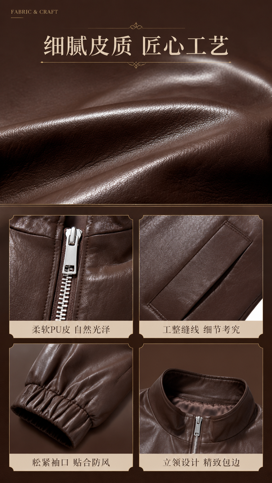 [第4张] 面料工艺页-复古棕立领PU皮夹克材质与细节展示。本… - 图片创意预览