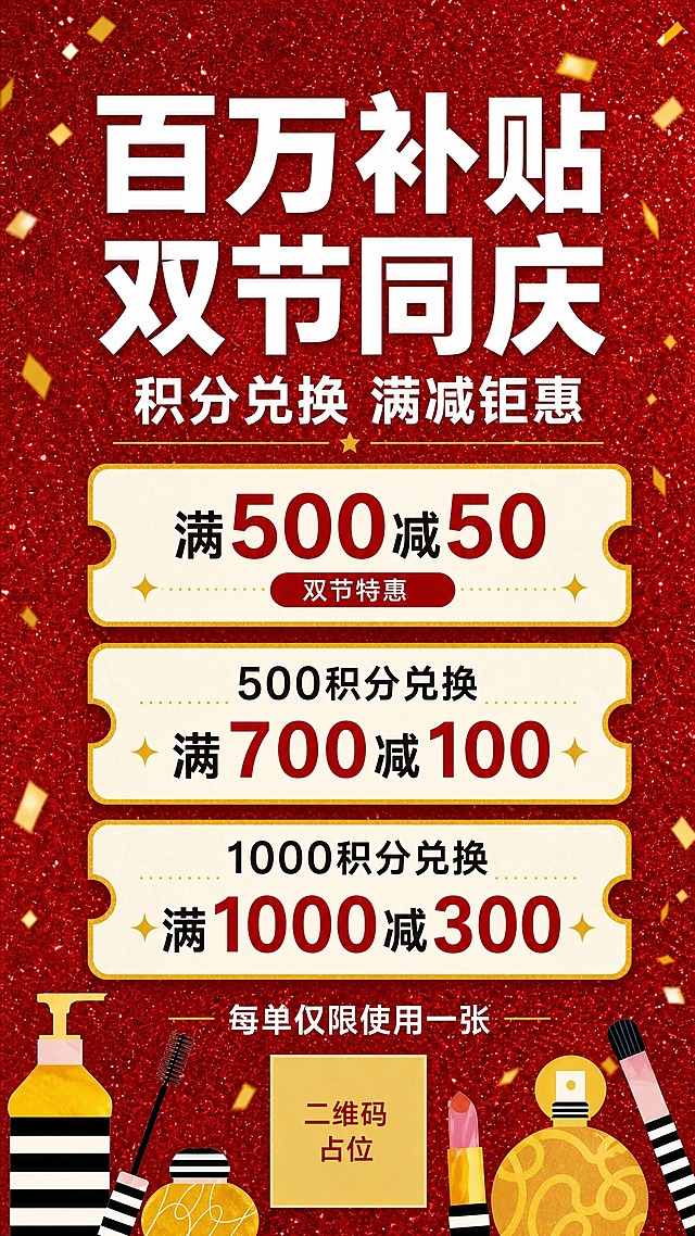 基于参考图进行修改：删除最顶部的金色飘带横幅（含"首购礼"文字），完全移除该飘带元素；将中间的大主标题"首购礼"替换为"百万补贴 双节同庆"，主标题字号保持最大，白色粗体，居中排列，"百万补贴"与"双节同庆"可分两行或一行排版以保持视觉平衡；副标题"积分兑换 满减钜惠"保持不变；第一张票券中的"首购礼专享"标签修改为"双节特惠"。其余内容（三张票券满减信息、底部规则文字、美妆插画装饰、二维码占位、红金闪粉背景、金色闪片）全部保持不变，版式结构、配色风格、字体层级与参考图一致，顶部因删除飘带后整体内容适度上移保持画面平衡。

【修改后必须精确呈现的文字】
主标题："百万补贴 双节同庆"
副标题："积分兑换 满减钜惠"
卡片一标签："双节特惠"
卡片一主文："满500减50"
卡片二："500积分兑换 满700减100"
卡片三："1000积分兑换 满1000减300"
底部规则："每单仅限使用一张"
二维码占位："二维码占位"

画面中所有数字必须精确渲染，不得错位、遗漏或编造。顶部无金色飘带横幅。