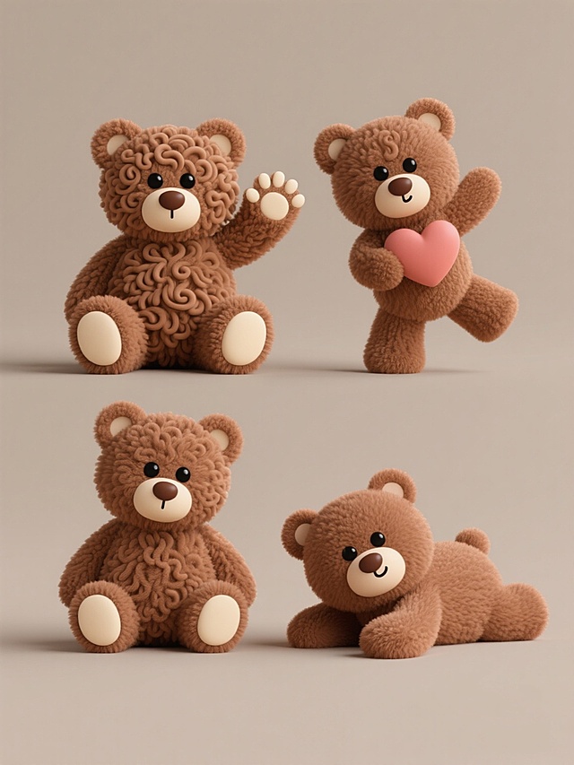 一系列四个不同造型的立体风格棕色小熊玩偶，每个小熊都有卷曲的毛发质感、黑色圆眼睛、棕色鼻子和米白色脚掌，它们分别呈现不同的姿势（如挥手、坐姿抱爱心、站立跳舞、趴着歪头等），所有小熊被规整地排布在纯色背景上，保持统一的3D立体毛绒质感和温暖可爱的氛围。