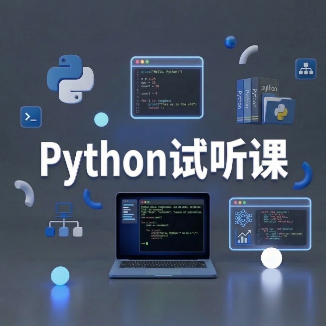 按原图风格生成新图：主标题改为"Python试听课"，保留原图的蓝白科技感3D渲染风格、深灰渐变背景、悬浮装饰元素的布局，将原有的MySQL相关元素替换为Python相关元素（如Python蛇形图标、预览效果