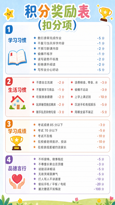 参考当前图片格式排版和浅色卡通风格，完全替换文字内容为正确的扣分项列表，修改所有错误文字，保持排版、图标位置、分栏结构不变：
标题：积分奖励表（扣分项）
1 学习习惯蓝色字体：
敷衍潦草完成作业 -5预览效果