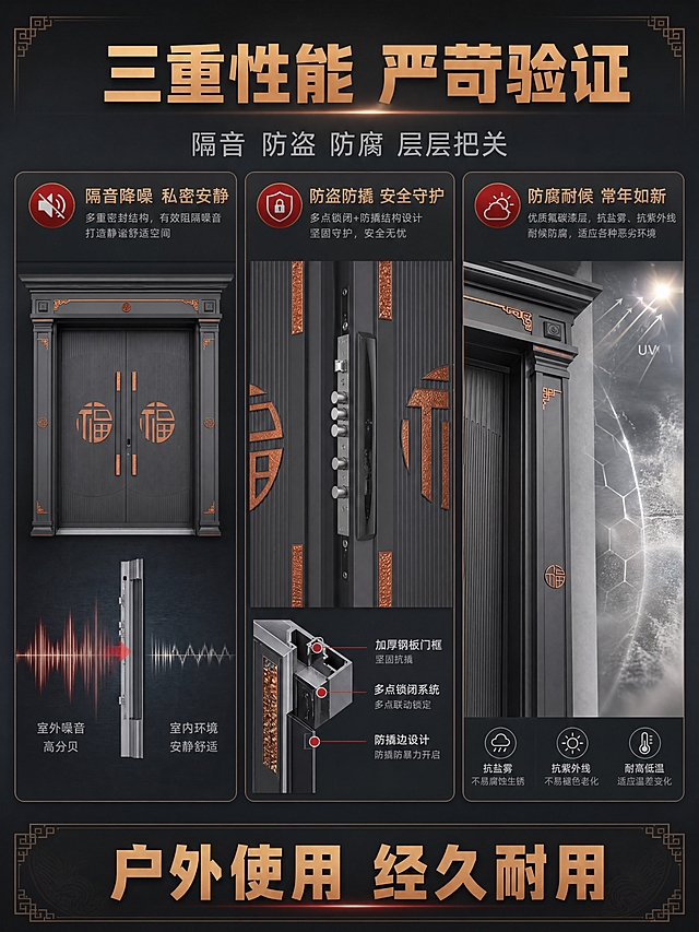 [商品] 使用【图1】新中式深灰色别墅对开大门；保留深灰竖条纹门板、铜色回纹角花、宽厚门柱、整体结构比例与铜饰细节。
[画面] 页面目标：功能测试验证，可视化展示三大性能。构图：三栏测试场景并排，左栏隔音测试（门关闭状态+声波阻挡示意），中栏防盗测试（门锁部位特写+防撬结构示意），右栏防腐耐候测试（大门局部+盐雾/紫外线环境示意）。顶部标题区，底部结论条。阅读动线：顶部标题→三栏测试并列→底部结论。背景为深灰渐变，营造专业测试氛围。
[视觉] 套系策略：风格=高端新中式轻奢商业摄影；标题字=粗黑体厚重有力；正文字=细黑体简洁现代；主色=深灰+古铜金；背景延展=基于深灰做渐变层次、科技感微光；强调色=朱红，仅用于测试图标和重点标注；标题色=古铜金；正文色=浅灰；组件=圆角测试框、细线示意图形、中式回纹装饰条；光影=每栏独立侧光，突出测试主体与示意图形。
[文字] 顶部主标题：「三重性能 严苛验证」，古铜金粗体大字；副标题：「隔音 防盗 防腐 层层把关」，浅灰细体。三栏分别标注：「隔音降噪 私密安静」「防盗防撬 安全守护」「防腐耐候 常年如新」，每栏下方配1句短说明。底部结论条：「户外使用 经久耐用」。文字均在栏内顶部和底部，不遮挡大门主体。
[规格] 图片比例3:4竖版，4K分辨率，避免变形、错字、文字过小、虚构检测数据、门体外观改变、水印、平台Logo。
