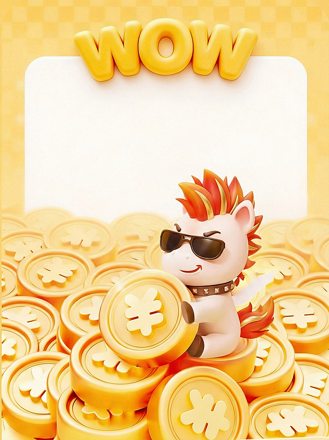 软3D风卡通小马戴墨镜，手持金币，堆叠金元宝背景，喜庆可爱，拟人化设计，塑料质感强化体积感，节日氛围浓厚。