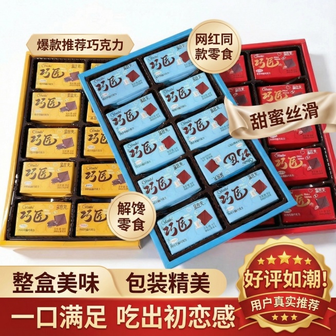 这张图片中的产品是巧克力，我在拼多多卖这款产品，以这款产品为原型帮我设计20张拼多多主图
文案要求：爆款推荐巧克力，网红同款零食，解馋零食，甜蜜丝滑，整盒美味，包装精美，一口满足，吃出初恋感预览效果