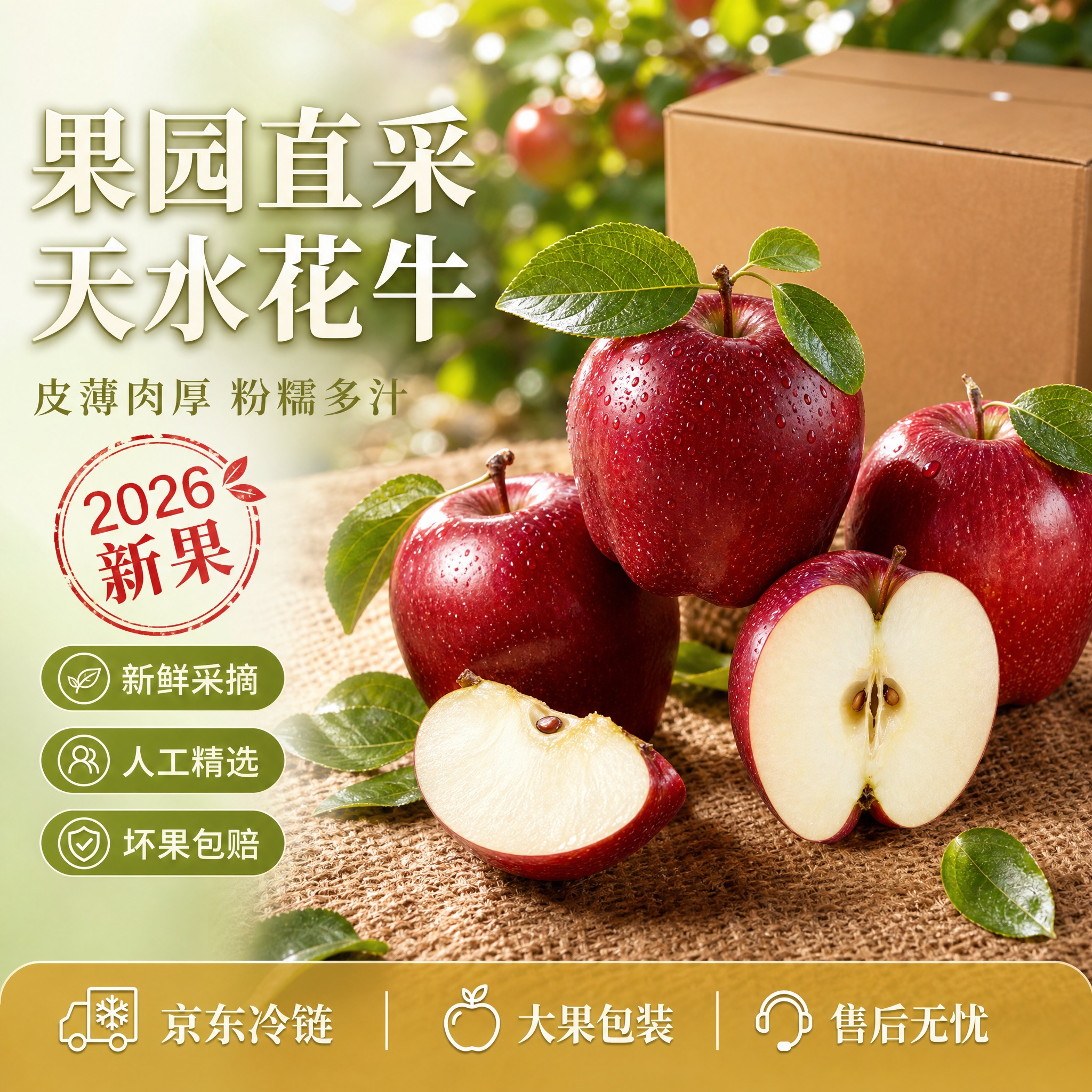 [主图-2] 版本2·带叶整果+切瓣：天水花牛苹果精品主图，京… - 图片创意预览