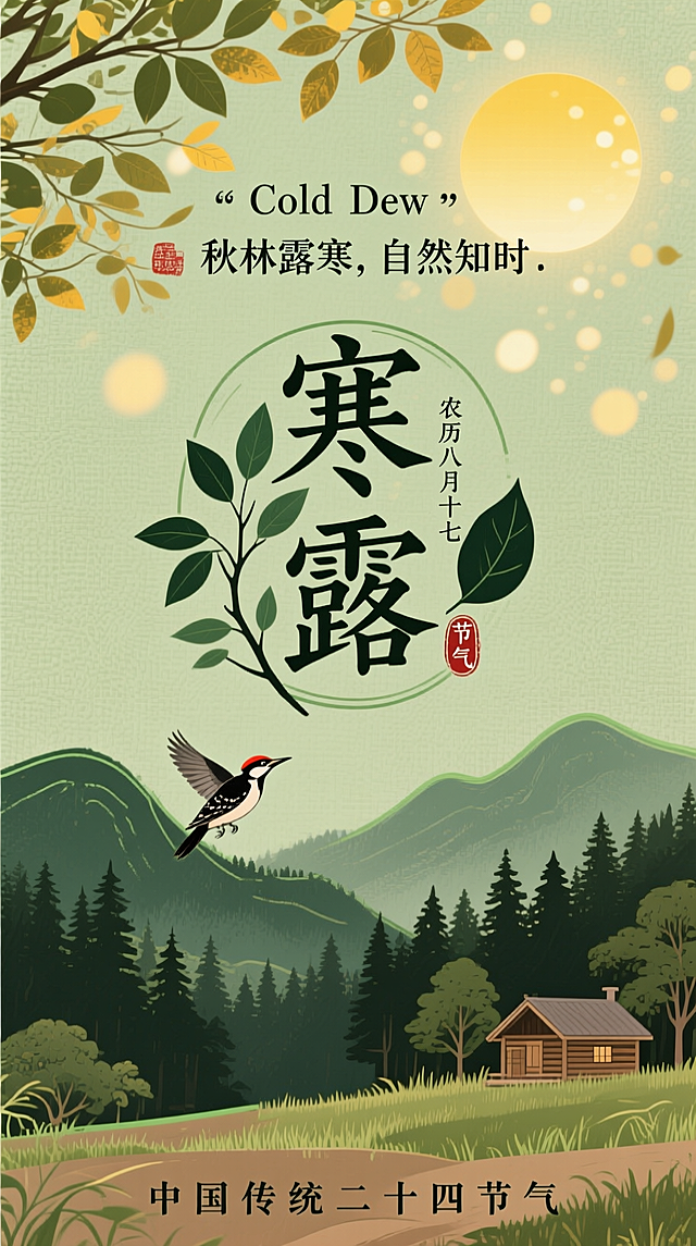 插画风结合扁平设计，水墨质感点缀，大字“寒露”居中，融合自然山林与飞鸟小屋，营造清新舒适中式意境，展现秋日节气之美。
