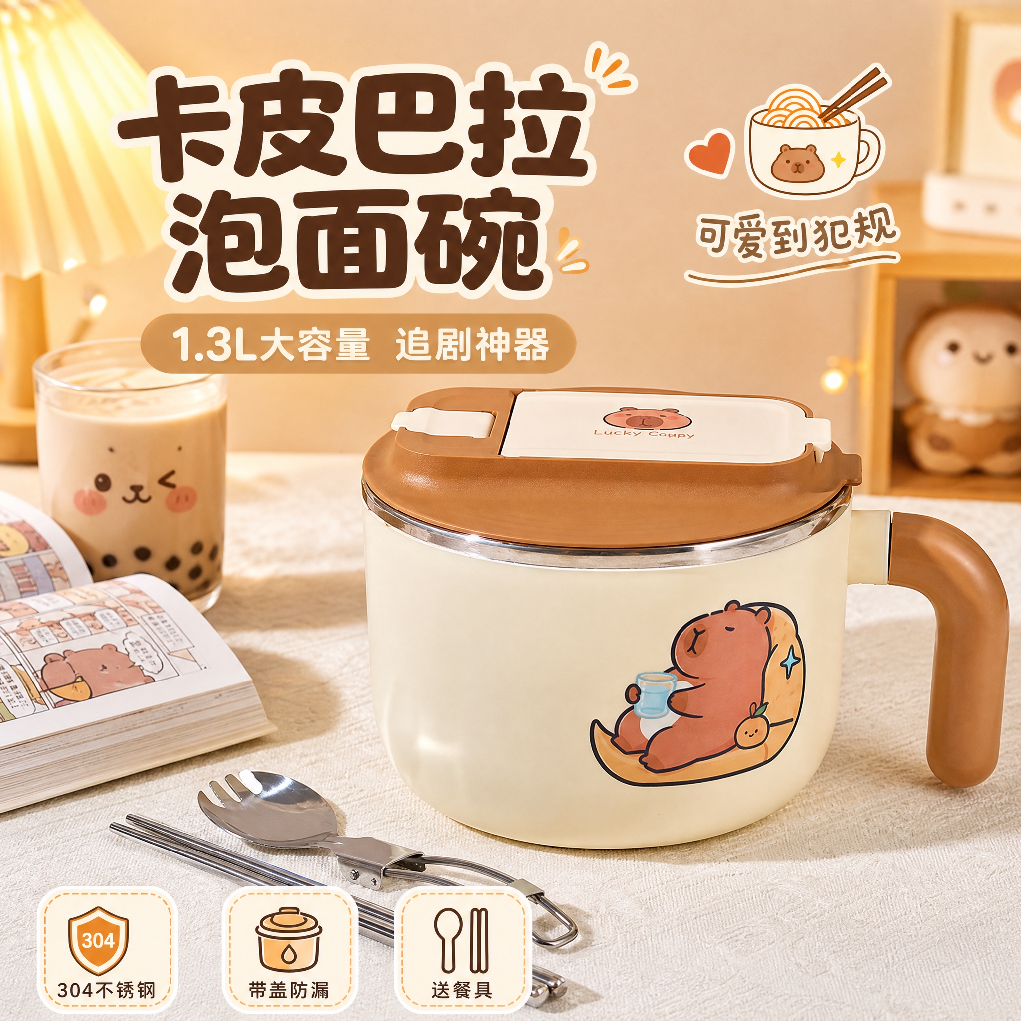 [主图-1] 卡皮巴拉卡通泡面碗首图，建立可爱温馨的第一印象，… - 图片创意预览