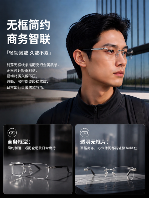 参考第一张图片的设计、风格与模块，保留整体排版结构。严格1:1还原用户提供的眼镜样式，必须缩小镜片尺寸，严格匹配用户实拍的较小无框透明镜片、银色金属镜架，镜腿带FCC CE认证标识，完全纠正之前镜片过预览效果