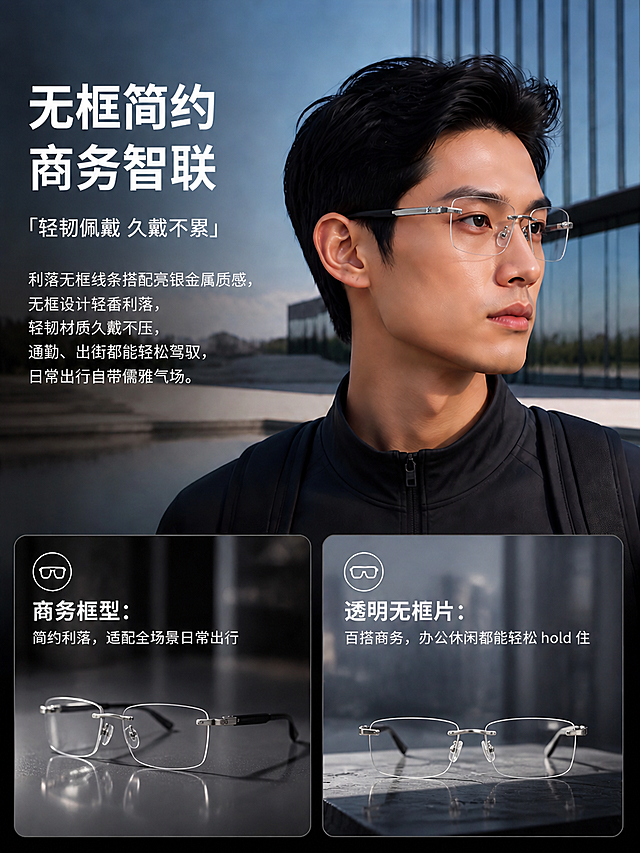 参考第一张图片的设计、风格与模块，保留整体排版结构。严格1:1还原用户提供的眼镜样式，必须缩小镜片尺寸，严格匹配用户实拍的较小无框透明镜片、银色金属镜架，镜腿带FCC CE认证标识，完全纠正之前镜片过大的错误。重新生成模特佩戴图和下方两个产品展示图，全部三张配图重新设计。替换文字适配商务简约风格：主标题改为"无框简约 商务智联"，副标题改为"轻韧佩戴 久戴不累"，描述改为"利落无框线条搭配亮银金属质感，无框设计轻盈利落，轻韧材质久戴不压，通勤、出街都能轻松驾驭，日常出行自带儒雅气场。"，左侧小标题改为"商务框型：简约利落，适配全场景日常出行"，右侧小标题改为"透明无框片：百搭商务，办公休闲都能轻松hold住"。所有配图要求写实风格，无任何AI痕迹。整体风格保持和参考图一致的商务科技风。