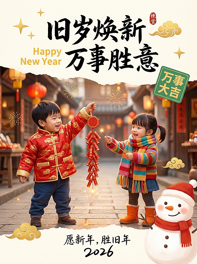 国潮风融合撕纸与剪纸元素，喜庆中式场景中童趣卡通人物点燃鞭炮，鎏金点缀轻拟物雪人，传递2026新年祥瑞祝福。