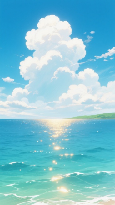 日系动漫风格海面背景，清澈明亮的渐变蓝色调，海面波光粼粼，阳光透过云层洒下金色光线，天空中点缀着蓬松的白色云朵，远处海天相接处有绿色的地平线轮廓，整体氛围宁静而充满生机，海水呈现出深浅不一的蓝绿色波纹，水面反光细腻柔和，画面构图简洁开阔，具有清新治愈的视觉效果。预览效果
