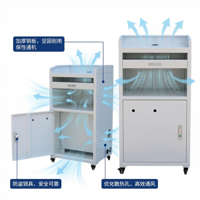 基于原图的工业电脑柜，重新制作核心卖点展示图，优化可视化效果，产品外观保持不变，用浅蓝色半透明风道动态展示通风散热效果，用深蓝色极细引线分别标注加厚钢板、防盗锁、散热孔部位，每个引线末端配深色卖点说明预览效果