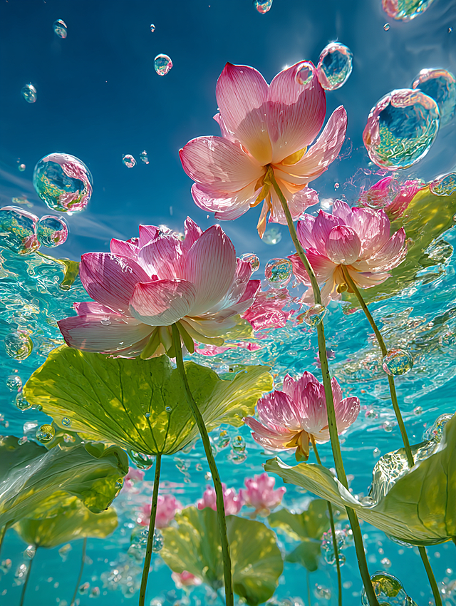 Underwater upward view of pink lotus flowers and lush green lotus leaves, submerged in clear turquoise water, bright blue sky visible through the rippling water surface, glistening transparent water bubbles floating around, light refraction creating shimmering effects on petals and leaves, vibrant pink and fresh green tones, photorealistic, hyper-detailed, sharp focus, cinematic natural lighting, vivid color saturation --ar 9:16 --s 250 --v 6.0