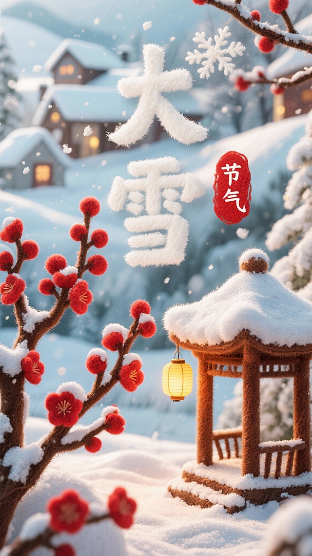 梦幻感与温馨感交织的中式插画风，软3D质感结合毛发生长细节，粘土风格呈现大雪节气雪景，红梅、灯笼与雪屋共绘冬日暖意。