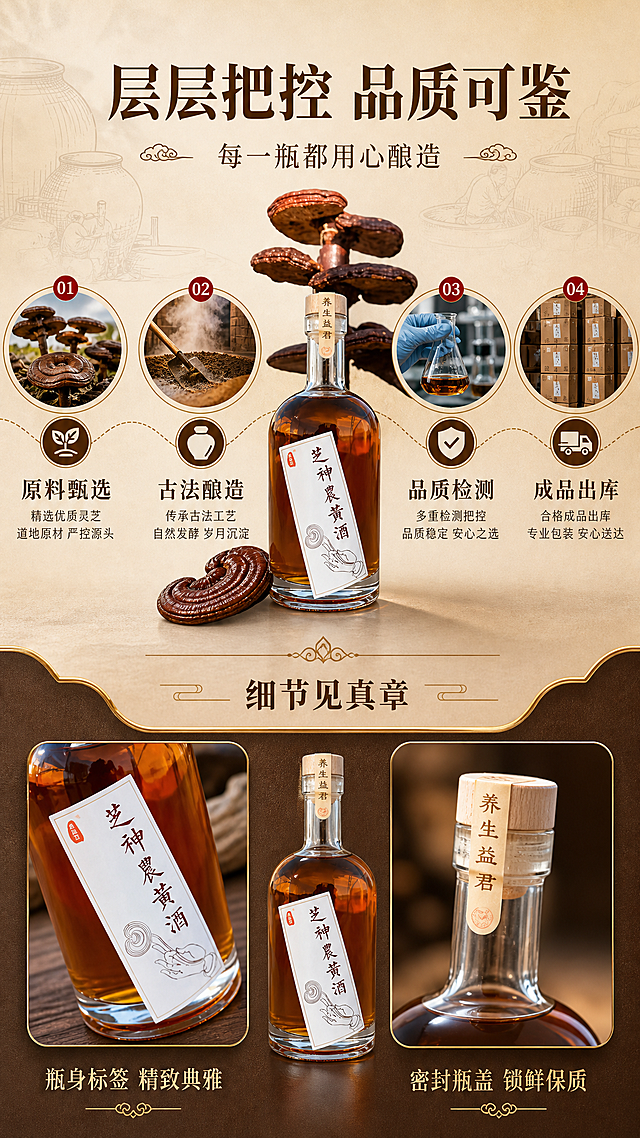 [商品] 使用【图2】芝神农灵芝黄酒图与【图5】户外场景图；保留瓶身结构、标签文字、灵芝元素与所有商品原貌；商品处理：增强产品质感，标签清晰，不改变结构与文字。
[画面] 目标为品质工艺页，展示产品品质把控。上下两段构图，上部60%为酿造工艺流程展示，下部40%为品质细节展示。上部：从左到右4个圆形品质节点（原料甄选→古法酿造→品质检测→成品出库），用曲线连接形成品质链路，中间放置产品瓶身。背景为浅米色+淡淡的传统酒坛线描图形。下部：左右摆放两张产品细节特写小图（瓶身标签细节+瓶盖密封细节），中间立放产品小图。整体传递严谨可信赖的品质感。
[视觉] 套系策略：风格=新中式养生滋补高端商业摄影；标题字=宋体衬线粗体（厚重典雅）；正文字=简洁宋体正文；主色=深棕+暖金；背景延展=基于深棕暖金做深浅渐变、光晕层次与细腻宣纸/木纹质感；强调色=朱砂红，仅用于小面积印章、标签点缀和引线；标题色=深棕褐色；正文色=中暖棕色；组件=圆角金边信息卡、细线引线、中式云纹分隔符；光影=均匀柔和顶光，产品有自然投影。
[文字] 顶部主标题"层层把控 品质可鉴"（8字，深棕色粗宋体），副标题"每一瓶都用心酿造"。上部4个品质节点分别配文字："原料甄选""古法酿造""品质检测""成品出库"，每个节点有编号与小图标。下部细节区上方文字"细节见真章"，两张细节图下方分别标注"瓶身标签 精致典雅""密封瓶盖 锁鲜保质"。所有文字横排，清晰可读。
[规格] 图片比例9:16竖版，4K，负向提示：避免产品变形、虚假认证标识、医疗功效承诺、绝对化用语、文字竖排、检测报告、证书、公章。