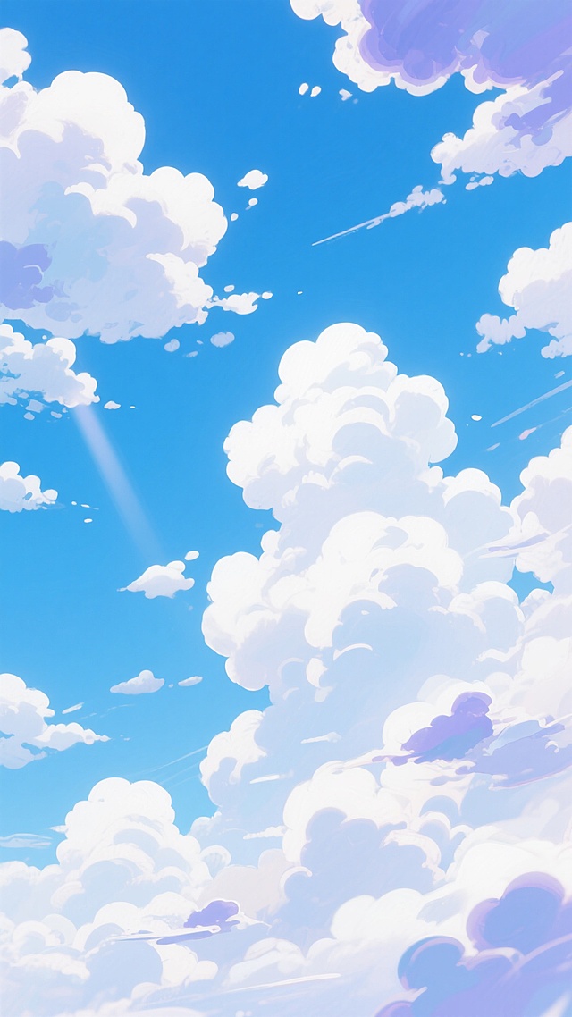 一幅动漫风格的天空背景图，画面主体为纯净明亮的湛蓝色天空，天空中点缀着大量形态各异、蓬松饱满的白色云朵。云朵分布于画面的左上、右上及底部区域，呈现出自然舒展的姿态，部分云朵边缘带有淡淡的蓝紫色阴影，增强了立体感。整体色彩清新明快，光影柔和，光线从云层间隙洒落，营造出宁静、开阔、充满希望的氛围。画面采用了典型的二次元插画技法，线条平滑流畅，色彩过渡自然，具有鲜明的动漫美学特征，给人以轻松愉悦的视觉感受。