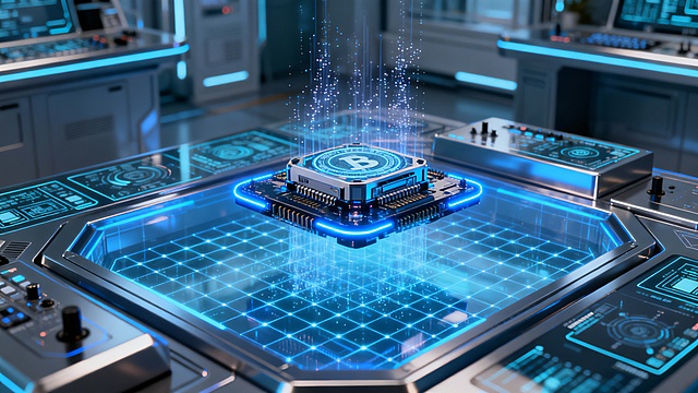 Digital asset processing engine, futuristic hardware layers hovering above a glowing blockchain grid, blue neon accents, modern fintech laboratory setting, ultra-detailed 3D, no text, 16:9