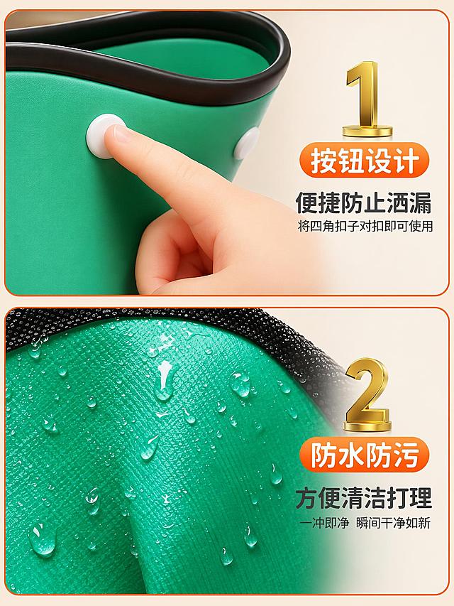 [主图-5] 儿童玩沙垫核心细节卖点图。
[氛围风格] 细节清晰，专业可信，柔和干净
[画质] 商业微距摄影质感，细节纹理清晰锐利
[元素] 保持玩沙垫材质颜色与原图一致，产品细节真实还原。画面分上下两个细节模块，每个模块带圆角橙色边框：上方展示四角按钮设计，手指扣动按钮特写，说明便捷防洒漏；下方展示防水防污材质，水珠在表面特写，说明易清洁特点。每个模块配金色序号和标题，结构清晰
[光影] 柔和均匀布光，突出材质纹理和水珠细节，明暗清晰，质感真实
[配色] 浅米色背景，橙色圆角边框，金色序号，深色说明文字，配色清晰有层次
[视角构图] 上下两模块等分构图，每个模块特写细节，保持画面平衡结构清晰
[文字版式] 上方模块金色序号"1"搭配标题"按钮设计"，副标题"便捷防止洒漏 将四角扣子对扣即可使用"；下方模块金色序号"2"搭配标题"防水防污"，副标题"方便清洁打理 一冲即净 瞬间干净如新"。字体层级清晰，主标题大，说明文字小，对比明确，文字不遮挡细节
[输出要求] 3:4比例，文字清晰可辨，超高清商业摄影质感
[负向提示词] 变形，文字错乱，细节模糊，水印，平台Logo