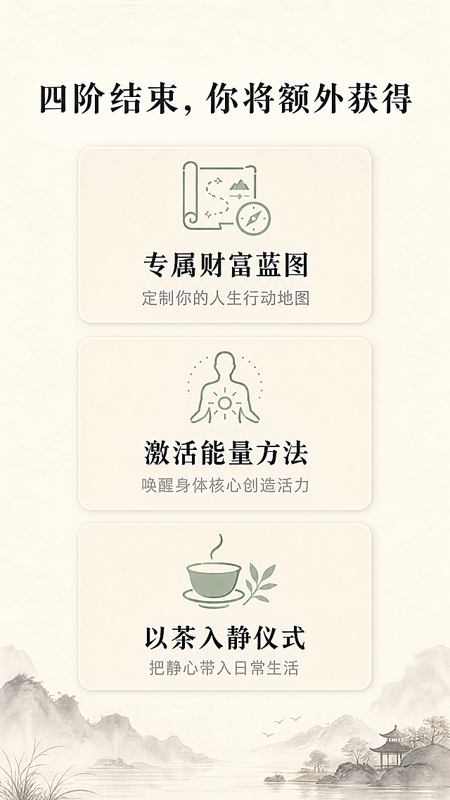 [第7屏] 四阶课程额外完课收获展示
[氛围/风格] 禅意风，成果总结页，温暖治愈东方美学，与前三阶保持一致风格
[元素布局] 顶部标题，中部用三个卡片式模块排列收获，每个卡片圆角浅底色，搭配对应小图标，卡片之间留足间距，背景保留宣纸纹理，底部配浅墨水纹装饰，整体干净透气
[光影质感] 均匀柔和光线，每个卡片轻度阴影增加层次，整体明亮温润
[配色色系] 全局底色：#F7F3EA；卡片底色：#F0EADD；文字#2C2C2C；图标#9BB2A1
[视角构图] 竖向三模块排列，从上到下信息依次呈现，间距均匀
[文字版式] 顶部标题"四阶结束，你将额外获得"加粗居中，三个收获卡片分别承载：
1. 专属财富蓝图：定制你的人生行动地图
2. 激活能量方法：唤醒身体核心创造活力
3. 以茶入静仪式：把静心带入日常生活
每个卡片标题加粗，说明文字浅灰，排版居中，阅读轻松清晰
[比例分辨率] 9:16竖版比例，1080x1920，4K分辨率，文字清晰可辨
[负向提示词] 变形，水印，文字错乱，颜色偏差，背景杂乱，色彩艳丽，边框粗重，卡片拥挤，模糊