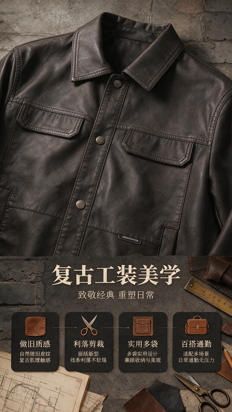 [商品] 使用【图1】深灰色复古做旧翻领PU皮夹克；商品处理：… - 图片创意预览