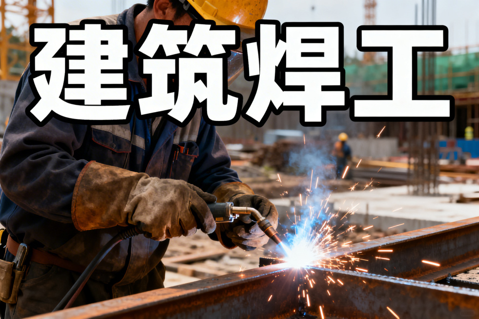 建筑焊工封面，画面呈现焊工手持焊枪作业，火花四溅，背景为工地，上方有"建筑焊工"醒目文字，风格专业写实，无水印预览效果
