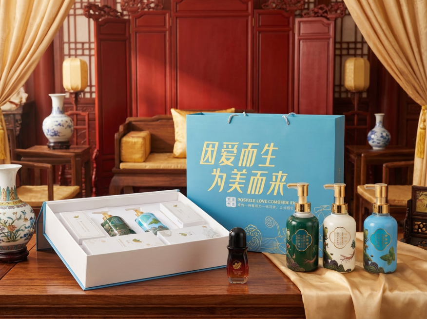 中式宫廷的商业摄影风格，画面采用香槟色、故宫红等柔和宫廷色调，以平视中景视角、散落式的温馨陈列构图呈现预览效果