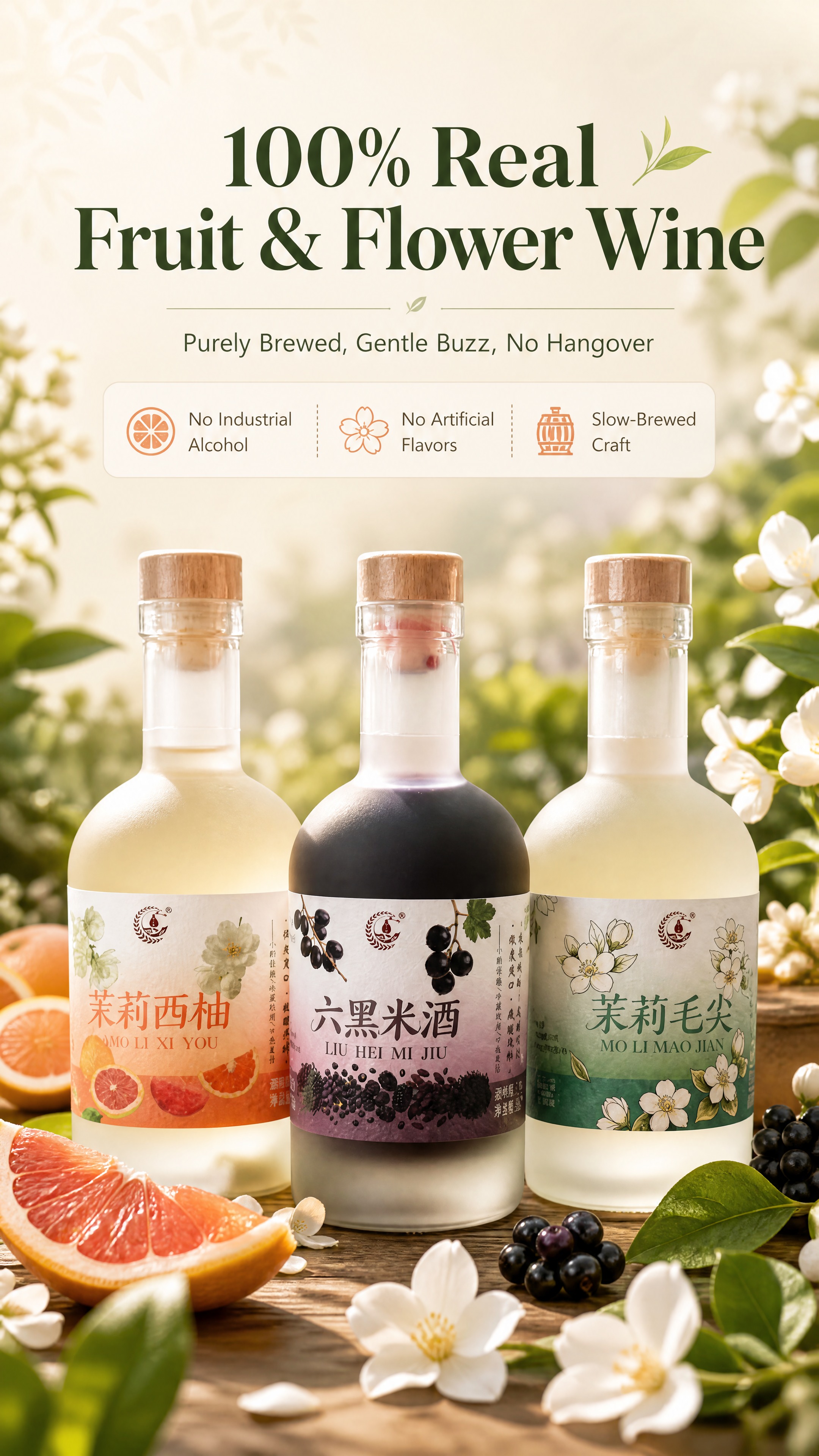 [商品] 使用【图1】花果酒三瓶全家福（左：茉莉西柚、中：六黑… - 图片创意预览