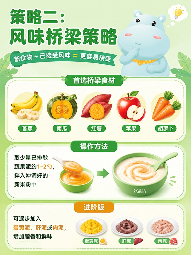 [第4张] 策略二页 - "风味桥梁"策略。本张使用【图1】提取河马IP形象。
[氛围/风格] 清新活泼科普风，食材搭配指南质感，色彩丰富可爱。
[元素布局] 河马IP在画面上方，手托下巴做思考状；中间展示5种桥梁食物的卡通插画：香蕉、南瓜、红薯、苹果、胡萝卜，排成一排或围成圈；下方有米粉碗拌入蔬果泥的示意；进阶版区域展示蛋黄、肝泥、肉泥小图标。
[光影质感] 均匀明亮光照，食材插画色彩鲜艳有食欲，整体清新活泼。
[配色色系] 全局底色浅绿渐变#F0F9F0；主色深绿#2E7D4C；辅助色各食材的天然色彩（香蕉黄、南瓜橙、红薯橙红、苹果红、胡萝卜橙）；点缀色暖黄。
[视角构图] 纵向信息流，阅读动线：标题 → 策略说明 → 首选食材展示 → 操作方法 → 进阶版。
[文字版式] 顶部大标题「策略二：风味桥梁策略」；副标题「新食物 + 已接受风味 = 更容易接受」；首选食材区标注「香蕉、南瓜、红薯、苹果、胡萝卜」，每种食物配名称标签；操作说明「取少量已排敏蔬果泥约1-2勺，拌入冲调好的新米粉中」；进阶版区域「可逐步加入蛋黄泥、肝泥或肉泥，增加脂香和鲜味」。圆角卡片分区，文字清晰，图标与文字对应。
[比例分辨率] 3:4竖版比例，宽度1080，高度1440，4K分辨率，文字清晰可辨，高清画质。
[负向提示词] 文字错乱，文字过小，颜色偏差，水印，河马形象走形。